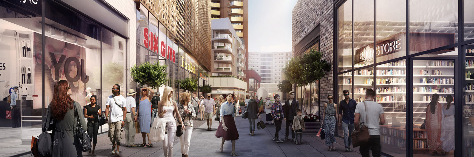 CGI of the retail street at High Street Quarter, with shopfronts, a bookstore and street trees